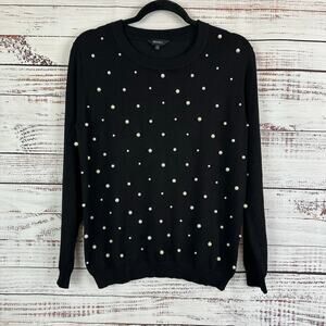 Womens VSC Basics Black Pullover Sweater Cream Pearl Embellished Holiday Party L